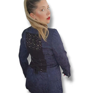 Free people Goth Navy black brocade corset lace up Blazer Jacket Vamp  victorian